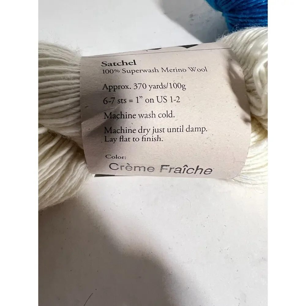 Mrs. Crosby Loves to Play Satchel Yarn Lot 2 Merino Wool Fingering Cream Blue